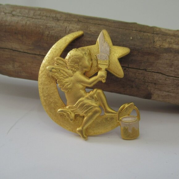 Vintage Gold Angel On Moon Painting Star Pin Brooch Signed J.J. Jonette - Picture 5 of 8